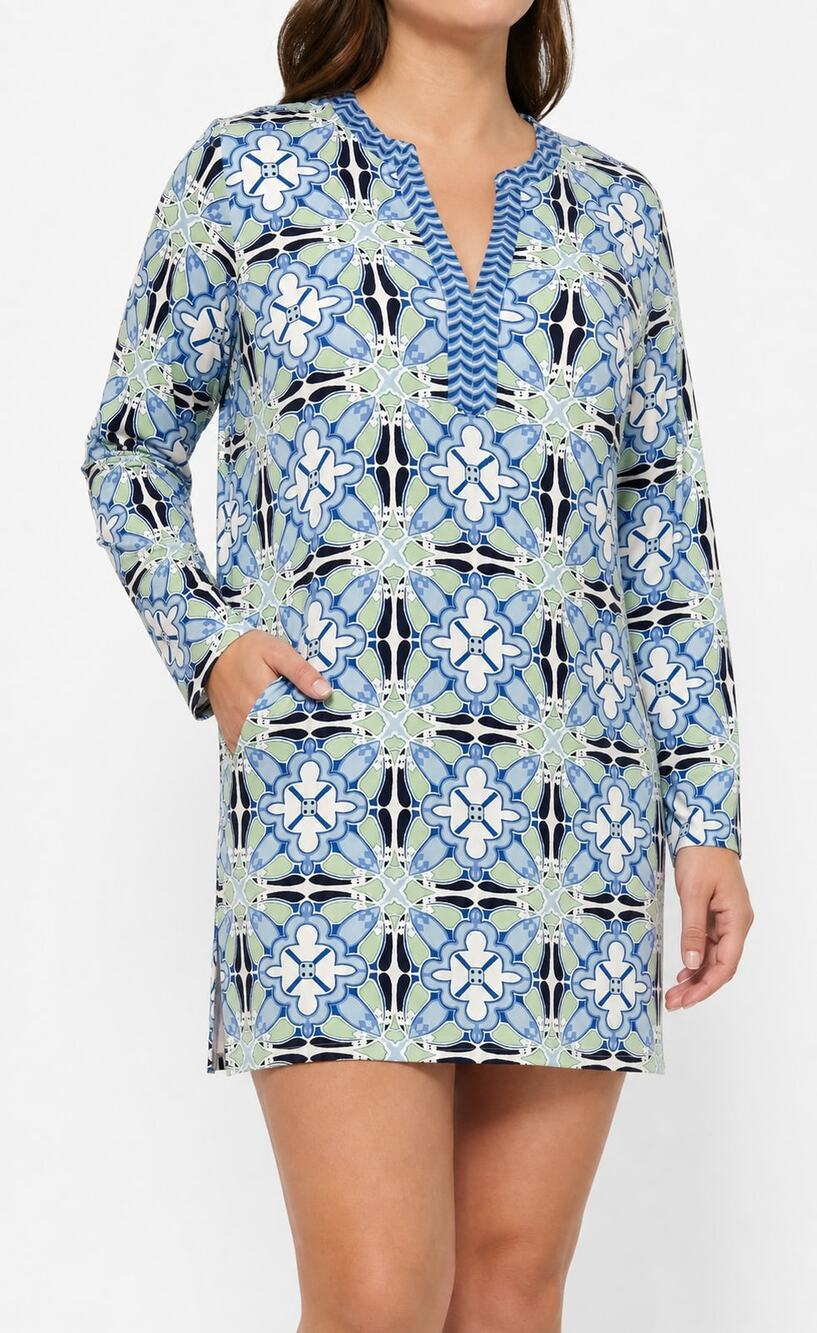 J.McLaughlin Womens Geometric Floral Tunic Dress 3/4 Sleeve BlueGreen XL Coastal